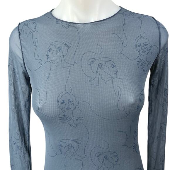Maniere De Voir Women's Blue Face Sheer Mesh Long Sleeve Bodysuit Top Size 10 - Picture 2 of 6